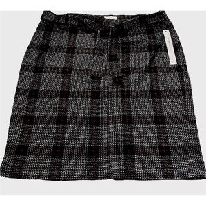CAROLE WREN Black White Red Plaid Tweed Knee Length Pull On Skirt Size XL Belted